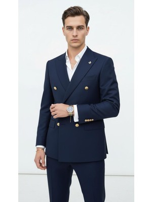 Plus Scorpion Gold Düğmeli Kruvaze Erkek Blazer Ceket – Premium Kumaş, Slim Fit Şıklık