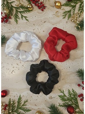 Toka Delisi Beyaz Kırmızı Koyu Yeşil 3lü Rahat ve Şık Scrunchie Saten Simit Toka, Yılbaşı Toka