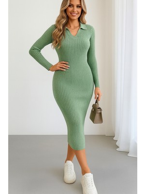 Kadın V Yaka Detay Triko Elbise