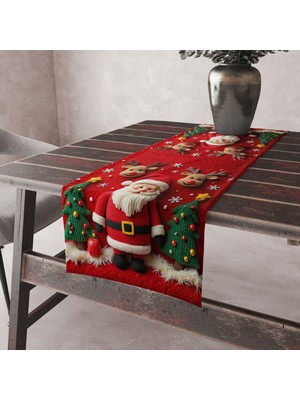 Alkan Homes Punch Işlemeli Görünümlü Noel Baba ve Geyik Desenli Dekoratif Masa Örtüsü Runner 45×100 cm