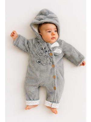 Aki Moda Kids Kız Erkek Bebek Unısex Peluş Yumuşacık Patiksiz Şapkalı Düğme Kapama Yan Tavşan Detaylı Tulum