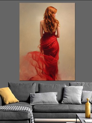 Artmeg Kırmızı Elbiseli Kadın Pozu Dekoratif Kanvas - Mdf Ahşap Tablo