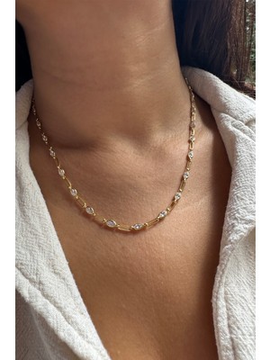 Sunshine 925 Ayar Gümüş Gold Kaplamalı Ataç Zincirli Taşlı Zarif Kolye