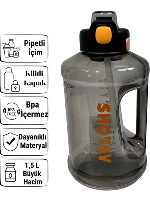 Shotay Sporcu Matara 1.5 L – Pipetli, Kilitli Kapak, Taşıma Kollu - Siyah