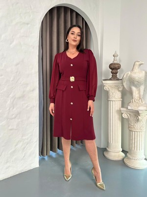 Zy Butik Bordo Büyük Beden V Yaka Uzun Şifon Kollu Kemer ve Düğme Detaylı Elbise