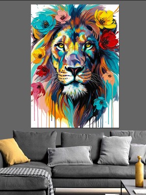 Karizma Tablo Renkli Aslan Kral Portresi Dekoratif Kanvas - Mdf Ahşap Tablo