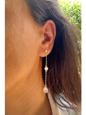 Sunshine 925 Ayar Gümüş Gold Kaplamalı , Damla Taşlı 5.7cm Sallantılı Küpe