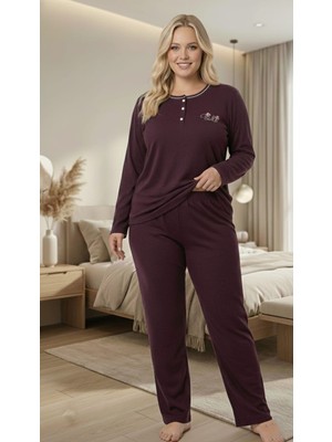 Eyfuze Kadın Kışlık Büyük Beden Yakası Düğmeli Uzun Kollu Interlok Pijama Takımı