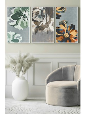 Soyut Çiçek Formları 3’lü Kanvas Tablo