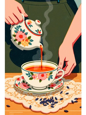Çiçek Desenli Çay Servisi Kanvas Tablo