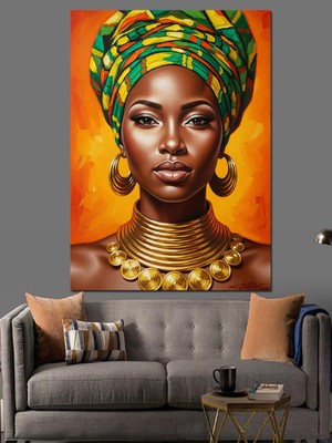 Karizma Tablo Afrikalı Kadın Türban Portresi Dekoratif Kanvas - Mdf Ahşap Tablo