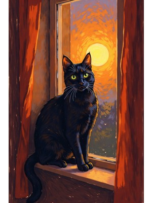Gün Batımında Pencere Başı Kedi Sanatsal Kanvas Tablo