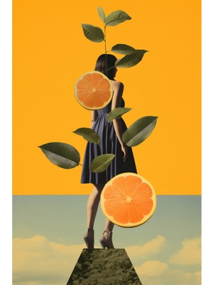 Turuncu ve Sarı Tonlarda Modern Kolaj Kadın Figürü Kanvas Tablo