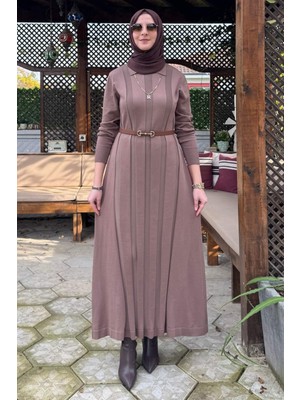 Rabia Şamlı Biricik Kemerli Triko Elbise Sütlü Kahve