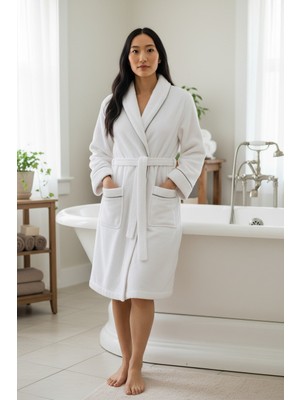 % 100 Pamuklu Laodikeia Şalyaka Bornoz Kadın Erkek Unisex Beyaz