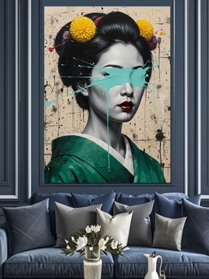 Tablomega Mavi Maskeli Geyşa Kadın Dekoratif Kanvas - Mdf Ahşap Tablo