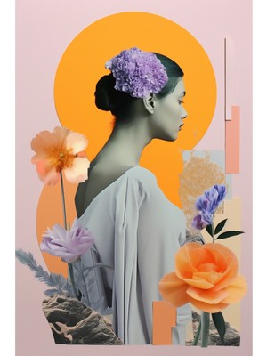 Turuncu ve Lila Detaylı Modern Çiçekli Kolaj Portre Kanvas Tablo