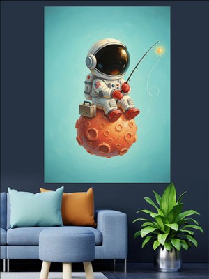 Tablomega Astronot Balık Avı Figür Uzay Dekoratif Kanvas - Mdf Ahşap Tablo