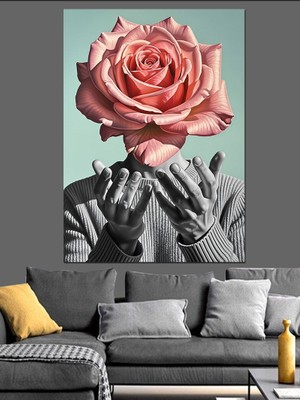 Artmeg Siyah Beyaz Gül Kafası Çizimi Dekoratif Kanvas - Mdf Ahşap Tablo