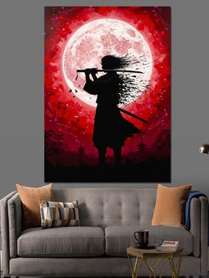 Artmeg Kızıl Ayda Samuray Silüeti Dekoratif Kanvas - Mdf Ahşap Tablo