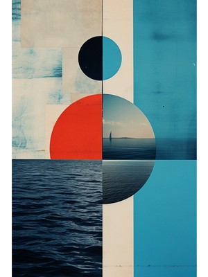 Mavi ve Kırmızı Tonlarda Geometrik Deniz Kolaj Soyut Kanvas Tablo