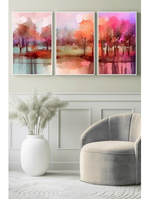 Pastel Tonlarda Suluboya Orman Manzarası 3’lü Kanvas Tablo