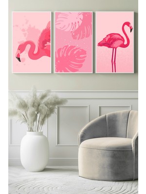 Pembe Flamingo Tropikal Yapraklar 3’lü Kanvas Tablo