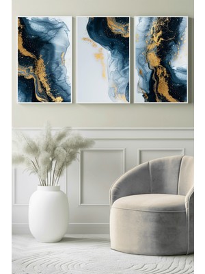 Lacivert Altın Akış Soyut 3’lü Kanvas Tablo