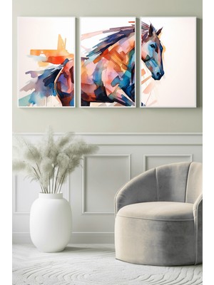 Renkli Soyut At Silueti 3’lü Kanvas Tablo