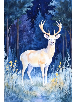 Gece Ormanında Asil Geyik Kanvas Tablo