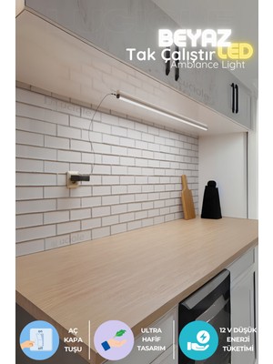 Feyza Design Mutfak Tezgah Altı LED Işık, Aç/kapa, Beyaz, Bar, Yapışkanlı, 1 Metre