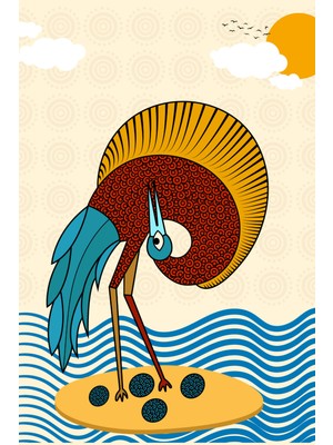 Desenli Tropik Kuş ve Dalgalar Kanvas Tablo