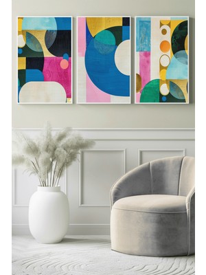 Renkli Geometrik Daireler Modern Soyut 3’lü Kanvas Tablo