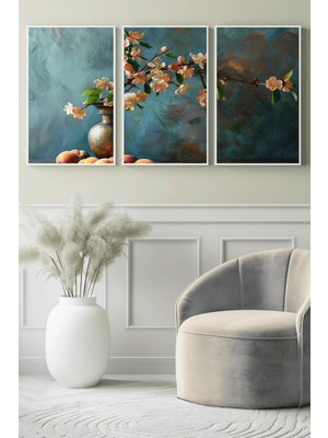 Vazo ve Şeftalili Çiçek Dalı 3’lü Kanvas Tablo