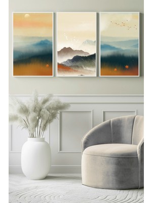 Pastel Tonlarda Sisli Dağ ve Yaprak Manzarası 3’lü Kanvas Tablo