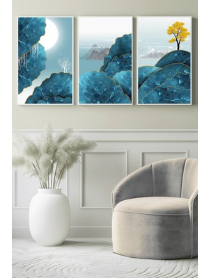 Mavi ve Altın Dağ Manzarası 3’lü Kanvas Tablo
