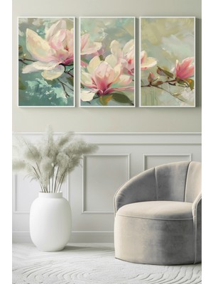 Pastel Manolya Çiçekleri 3’lü Kanvas Tablo
