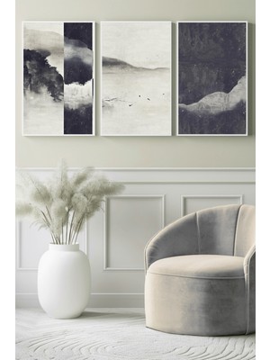 Siyah Beyaz Minimal Dağ Manzarası 3’lü Kanvas Tablo