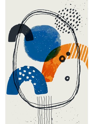 Soyut Mavi Turuncu Formlar ve Serbest Çizgiler Kompozisyonu Kanvas Tablo