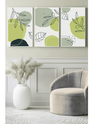 Yeşil Tonlarda Yaprak Eskizleri 3’lü Kanvas Tablo