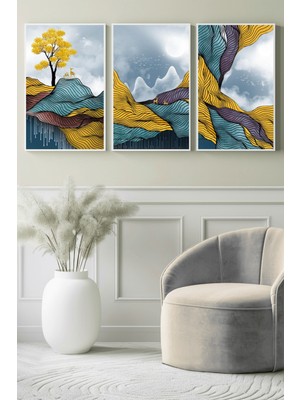 Soyut Renkli Dağ Manzarası ve Geyikler 3’lü Kanvas Tablo