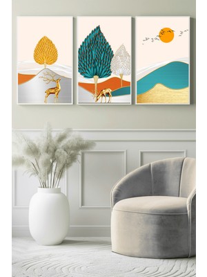 Soyut Altın Geyik ve Renkli Ağaçlar 3’lü Kanvas Tablo