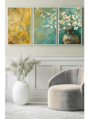 Altın Dokulu Vazo ve Beyaz Çiçekler 3’lü Kanvas Tablo