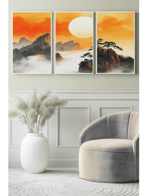 Turuncu Gün Doğumu Dağ ve Orman Manzarası 3’lü Kanvas Tablo