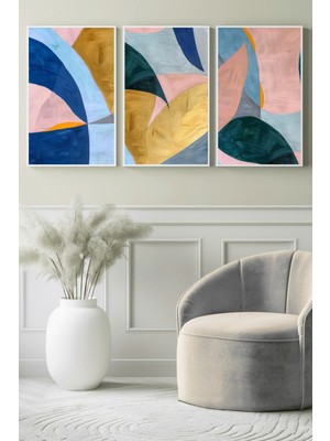 Pastel Dalgalar ve Altın Dokular 3’lü Kanvas Tablo