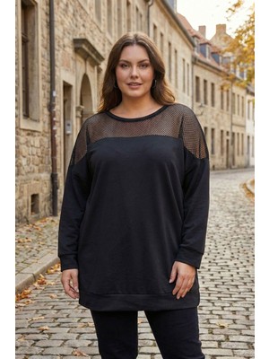 Stil Diva Büyük Beden Bisiklet Yaka Uzun Kollu Omzu File Detaylı Sweatshirt E11103