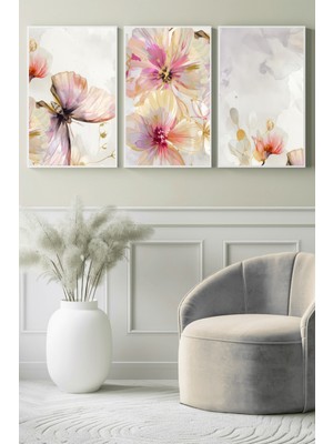 Pastel Çiçek Dokulu Modern 3’lü Kanvas Tablo