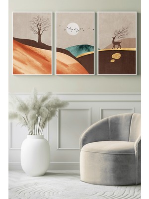 Gün Batımı Manzara ve Geyik Silüeti 3’lü Kanvas Tablo