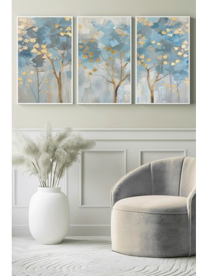 Altın Yapraklı Mavi Ağaçlar Soyut 3’lü Kanvas Tablo