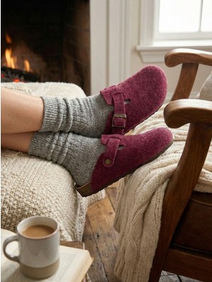 Mycorni Hakiki Yün Keçe Sabo Terlik Kapalı – Ortopedik Mantar Tabanlı Unisex Ev Terliği